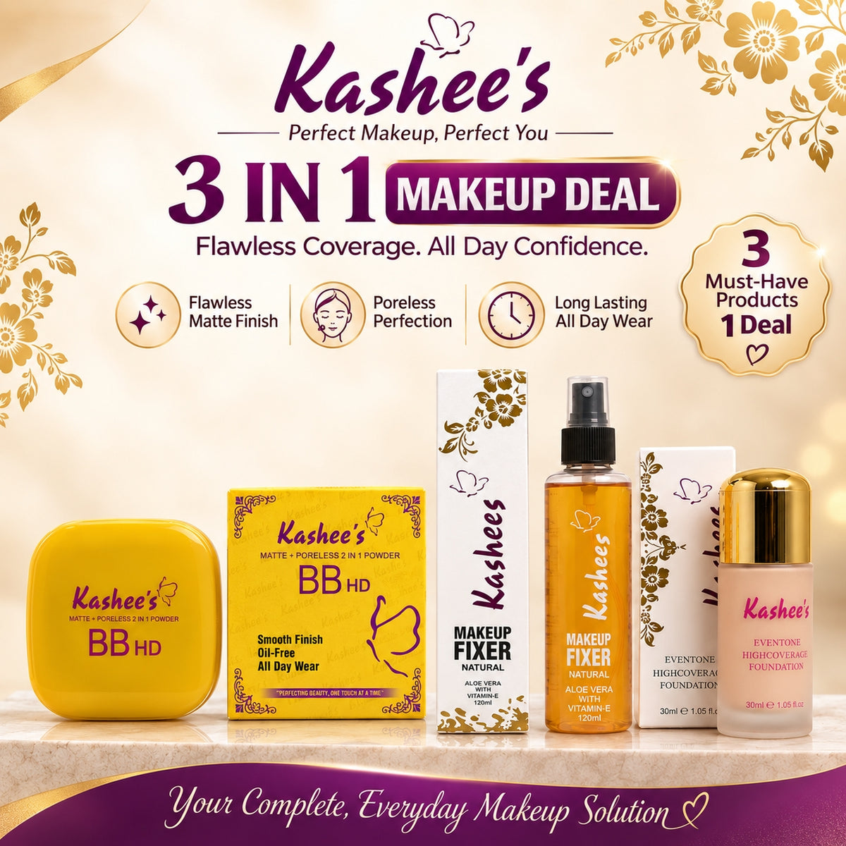 Kashee's  3 In 1 Foundation, Fixer And 2 In1 Face Powder Deal, Pack Of 3