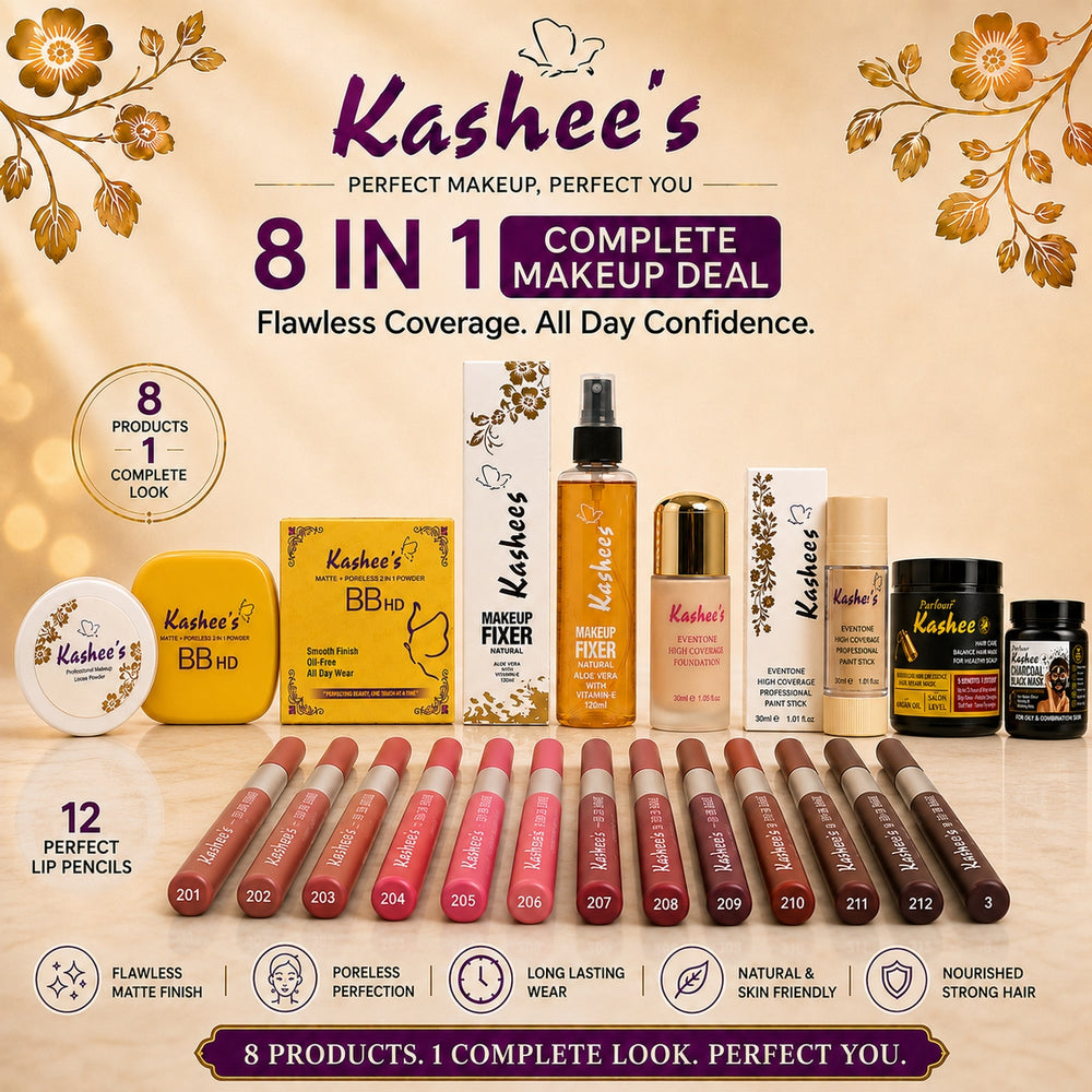 Kashee's All In 1 Foundation, Fixer, Face Powder, Loose Powder, 12 Pcs Lip Pencil Set, Hair Mask, Face Mask And Paint Stick Deal, Pack Of 8