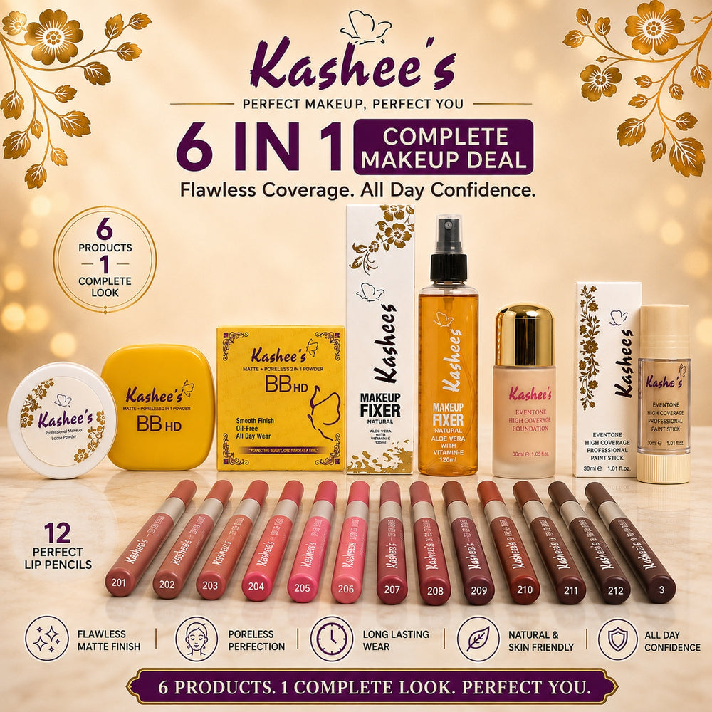 Kashee's 6 In 1 Foundation, Fixer, 12 Pcs Lip Pencil Set, Face Powder, Loose Powder And Paint Stick Deal, Pack Of 6